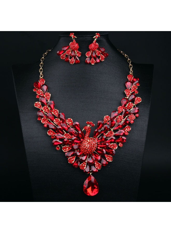 NIBEMINENT New 7-Color Sparkling Rhinestone Peacock Necklace and Earring Set