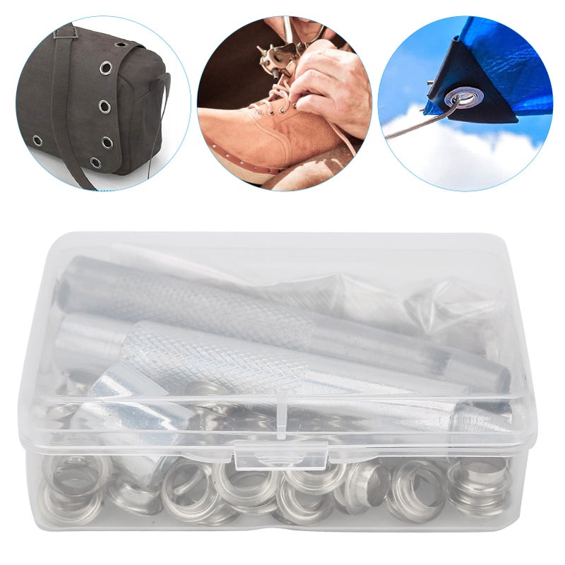 100 Sets 0.3in Grommets Eyelets with Hole Punch Setting Tool Storage Box for Clothing Canvas CraftSilver - Image 5