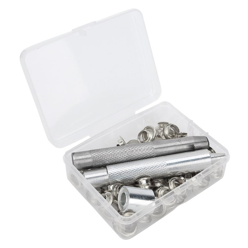 100 Sets 0.3in Grommets Eyelets with Hole Punch Setting Tool Storage Box for Clothing Canvas CraftSilver - Image 1