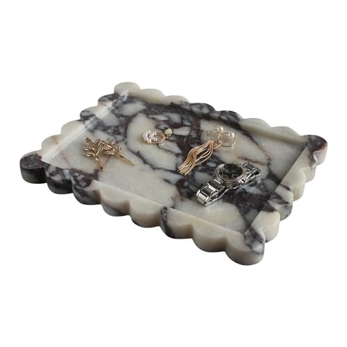 Nawgnail Natural Luxury Scalloped Marble Tray 10.8"x8", Rectangle Vanity Tray for Bathroom Kitchen Counter, Decorative Tray for Dresser Home Decor (calacutta Purple) - Image 1