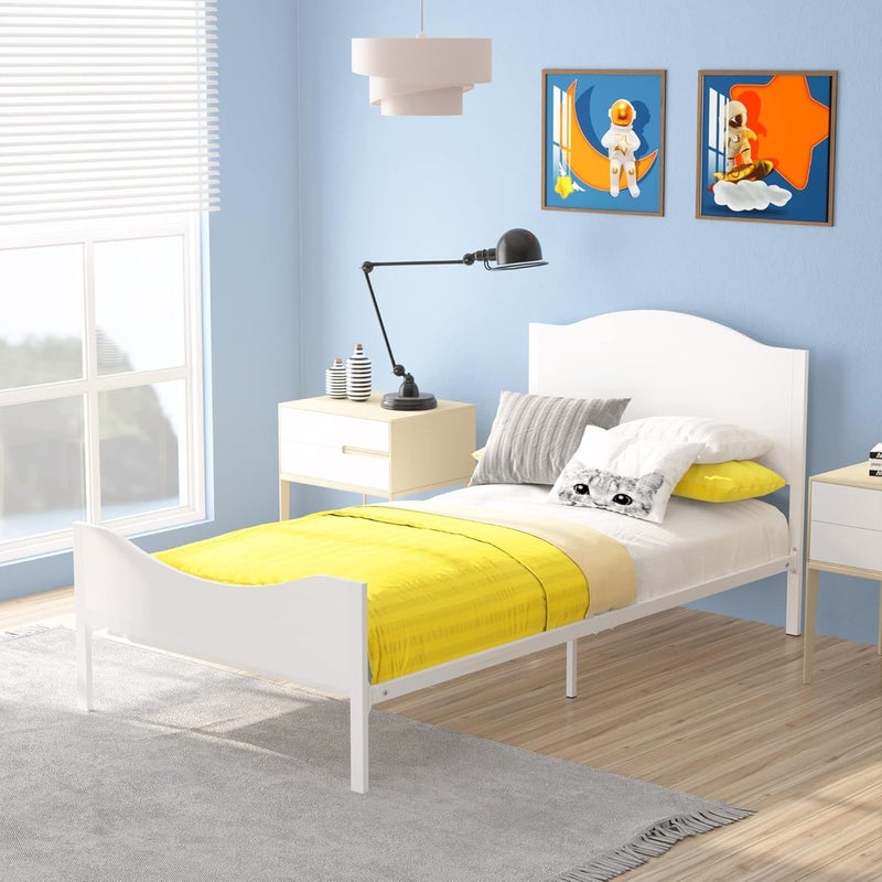 Timy Kids Twin Bed Frame with Wooden Headboard and Footboard Metal Platform Bed Frame for Boys Girls Teens Adults Modern Kids Furniture No Box Spring Needed White