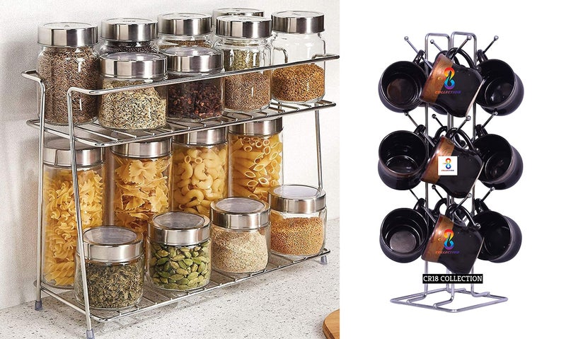 CR18 COLLECTION Spice Rack Stainless Steel 2 Layer Corner Rack Shelf & Big Size Kitchens Stainless Steel V Shape Cup Stand Pieces Coffee & Tea Mug Holder | 12 Hooks for Cups & Mugs (Combo) - Image 1