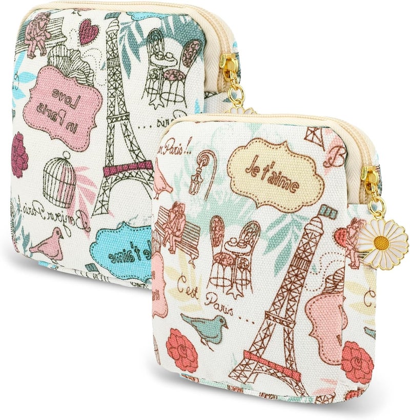 COBEE cobee 2PCS Sanitary Pad Storage Bag, Cute Sanitary Napkin Storage Purses Portable Period Bag with Daisy Zipper Panty Liner Tampon Menstrual Cup Nursing Pad Holder Pouch for Girls Women Travel(Tower)