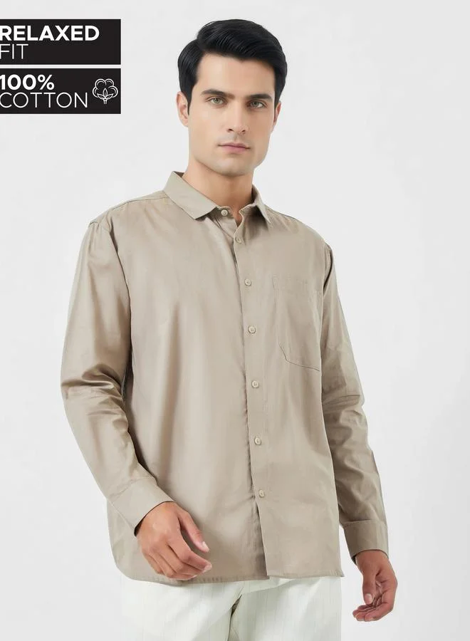 Styli Men Beige Cotton Relaxed Fit Casual Shirt
