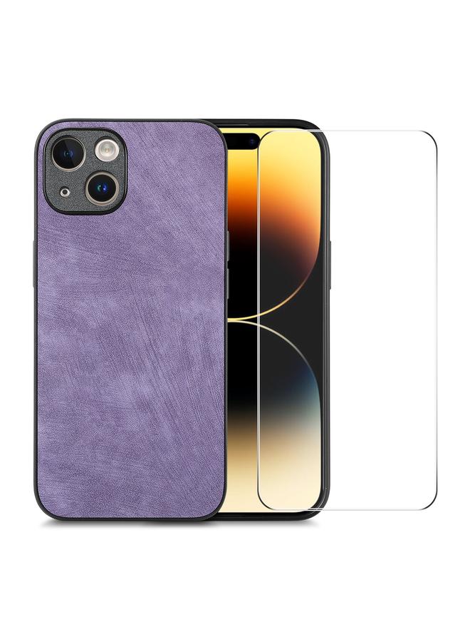 erorex For Iphone 15 Retro Leather Skin Pc Phone Case With High Aluminum-Silicon Glass Film(Purple) - Image 1