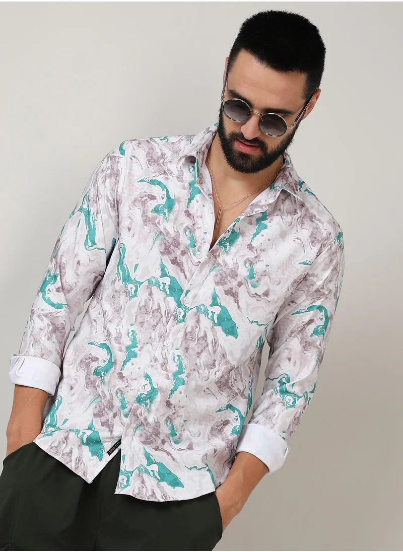 Campus Sutra Men's Moon Grey & Sea Green Fluid Marble Shirt