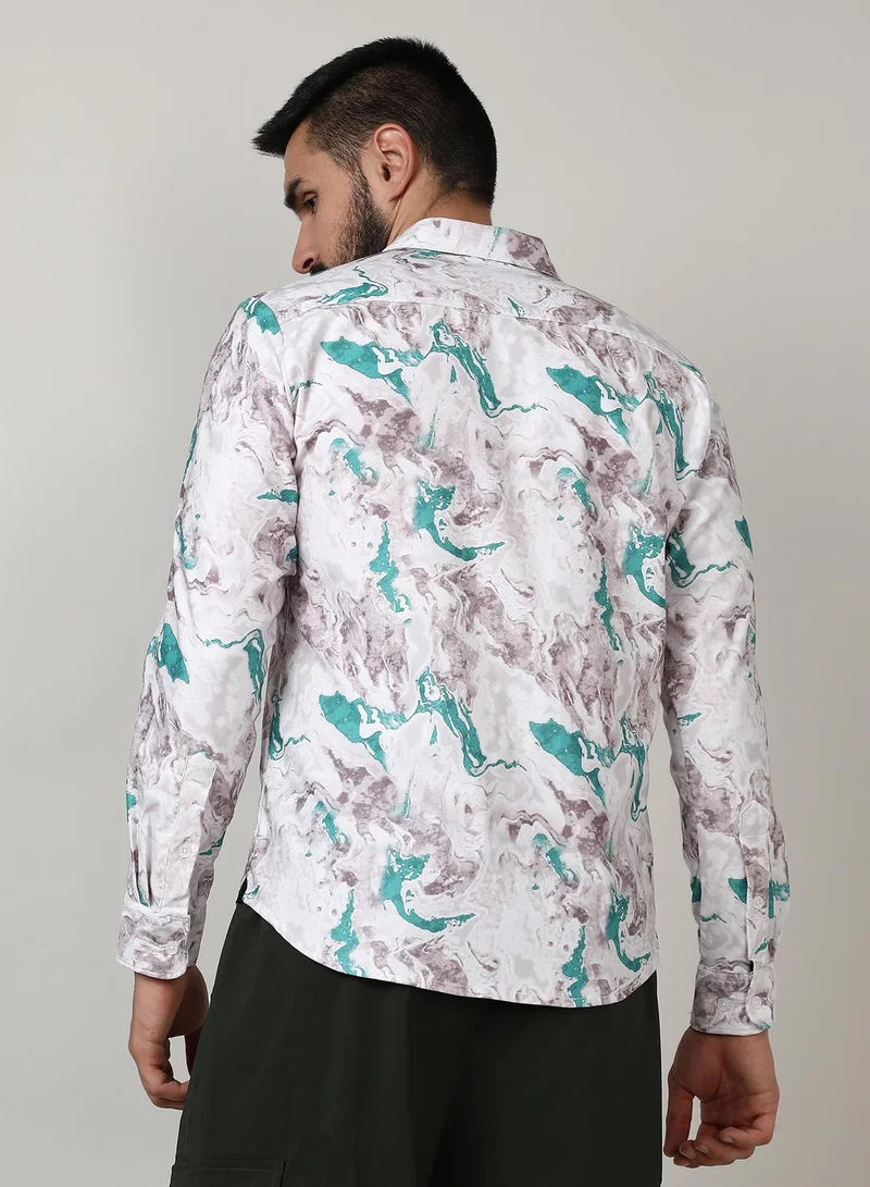 Campus Sutra Men's Moon Grey & Sea Green Fluid Marble Shirt