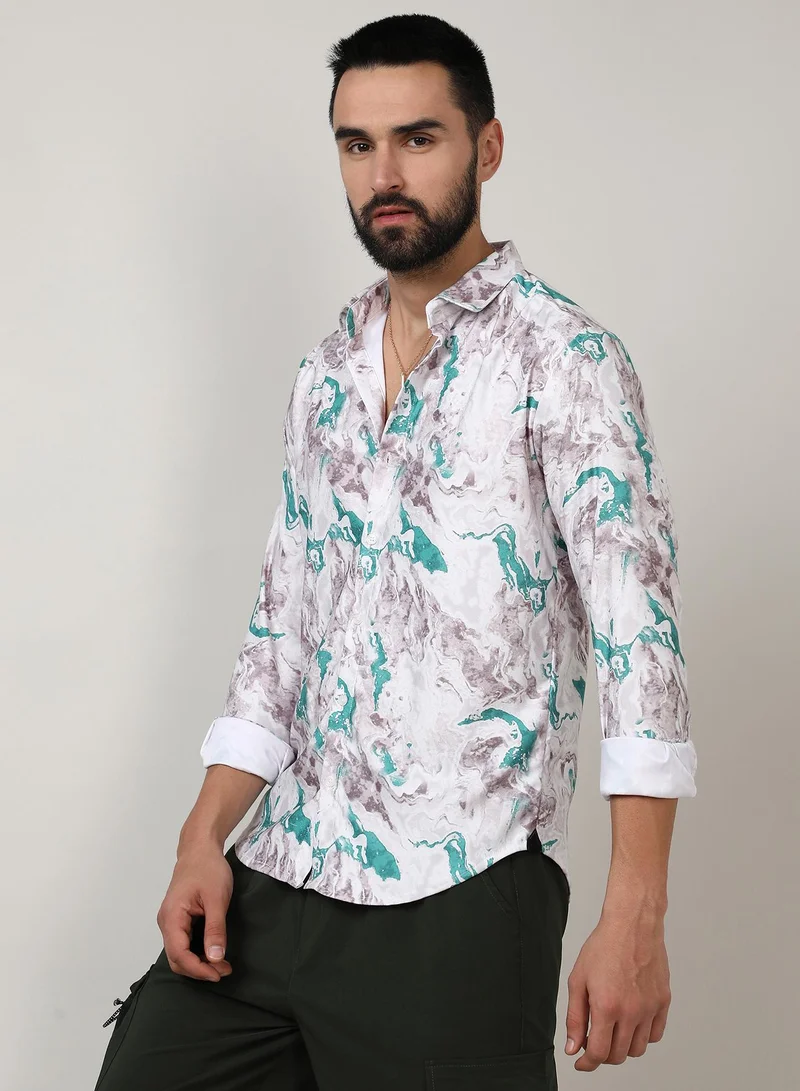 Campus Sutra Men's Moon Grey & Sea Green Fluid Marble Shirt