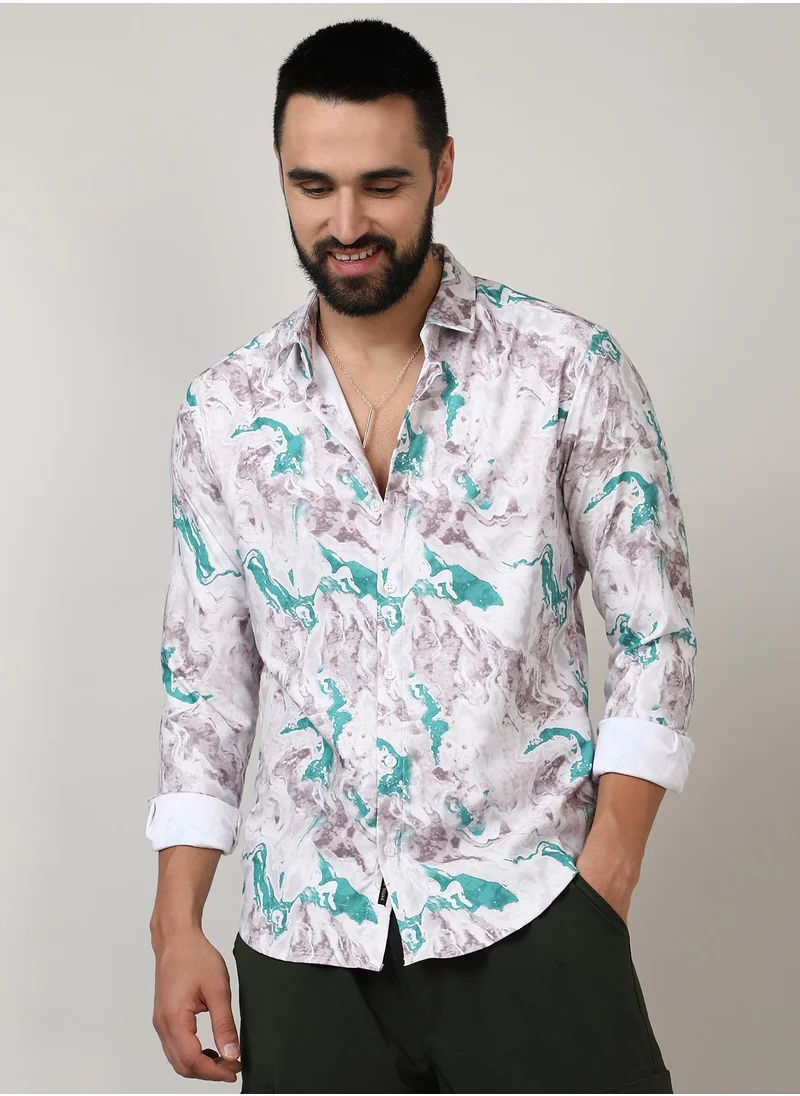 Campus Sutra Men's Moon Grey & Sea Green Fluid Marble Shirt