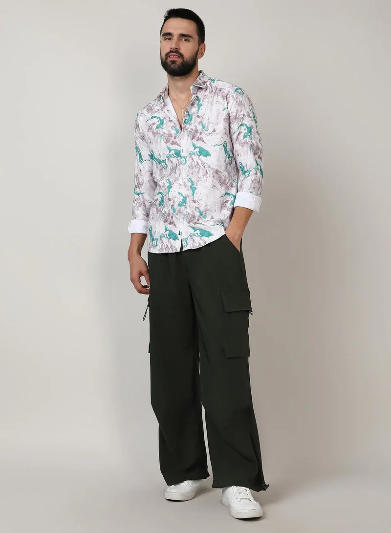 Campus Sutra Men's Moon Grey & Sea Green Fluid Marble Shirt