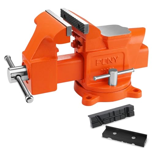 PONY Heavy Duty Bench Vise, 5-inch Jaw Width 4-inch Opening, Swivel Base With Anvil, Utility Combination Pipe Home Vise for Woodworking, One-Pair Jaw Pad Included - Image 1