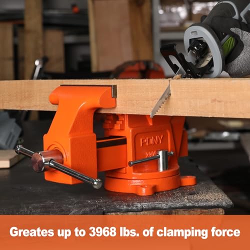 PONY Heavy Duty Bench Vise, 5-inch Jaw Width 4-inch Opening, Swivel Base With Anvil, Utility Combination Pipe Home Vise for Woodworking, One-Pair Jaw Pad Included - Image 3