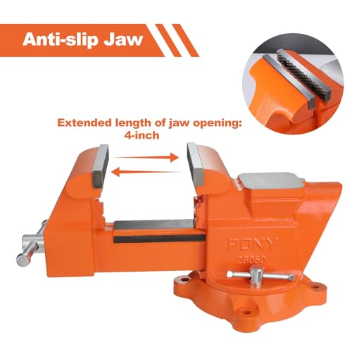 PONY Heavy Duty Bench Vise, 5-inch Jaw Width 4-inch Opening, Swivel Base With Anvil, Utility Combination Pipe Home Vise for Woodworking, One-Pair Jaw Pad Included - Image 2