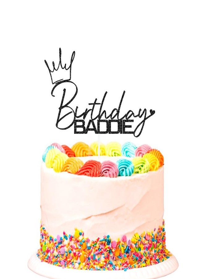 SWEETTALA Birthday Baddie Cake Topper, Funny Happy Birthday Cake Decorations for Women Men Any Age Black Glitter - Image 1