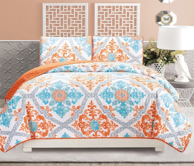 Grand Linen VGI Linen 3-Piece Fine Printed Quilt Set Reversible Bedspread Coverlet King Size Bed Cover (Turquoise, Blue, White, Grey, Orange)