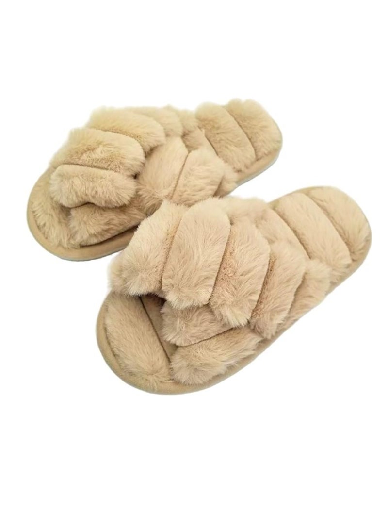 UKR UKR Women’s Home Slippers Soft Breathable Furry Open-Toe Cozy Indoor Footwear Stylish Fluffy EVA Sole (Beige, EU Footwear Size System, Adult, Women, Numeric Range, Medium, 40, 41)  - Image 1