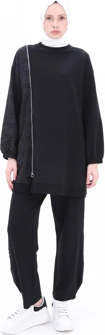 Allday Black-Scallop Garnished Trouser Suit