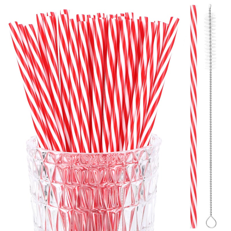 JANYUN 30 Pcs Christmas Straws Plastic Reusable Red and White Striped Straws 9 Inch Xmas Hard Plastic Drinking Straws with Cleaning Brush for Holiday Christmas Party Favors Supplies Table Decoration