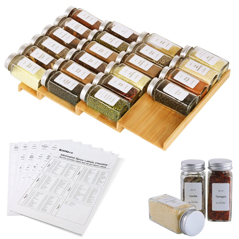 KitHero Spice Drawer Organizer with 20 Spice Jars216 Labels25 Nonslip Rubber Bamboo 4 Tier Seasoning Rack Tray Insert for Kitchen DrawersCabinetsCountertop11 Wide x 158 Deep