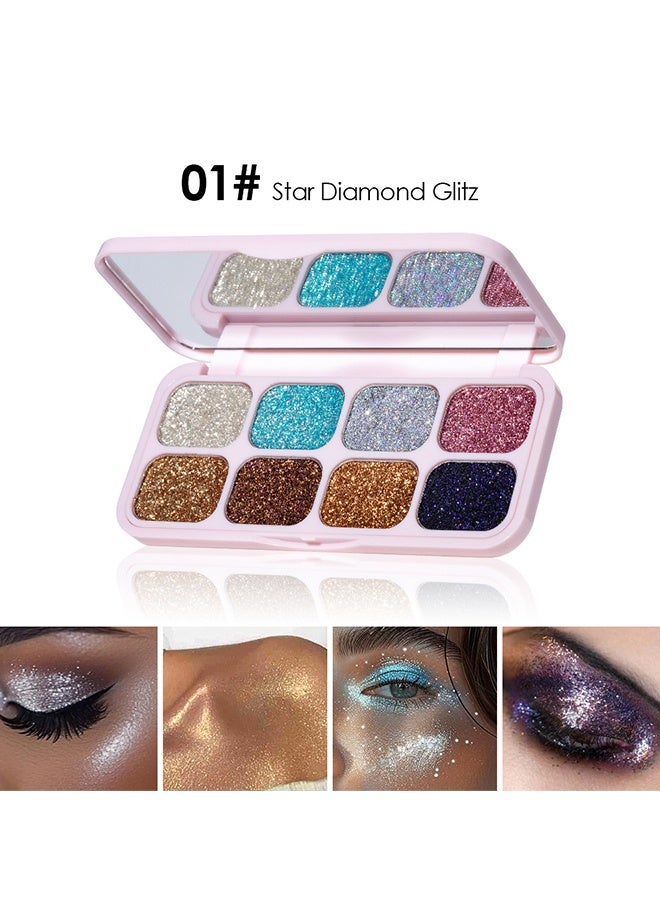 Julystar Highlight， 8-Color Glitter Eyeshadow Palette, Star Diamond Glitz, High Shine Metallic & Sparkle Shades, Long-Lasting Waterproof Eye Makeup, Smooth Blendable Powder for Party & Night Look #01 - Image 3