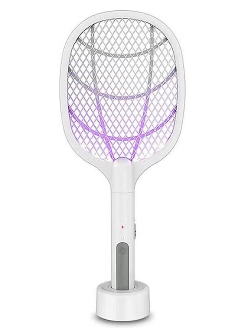 Meioprodu 2-in-1 Electric Bug Zapper Racket Handheld Fly Swatter Mosquito Killer with Charging Base, Rechargeable 500mAh Battery, White - Image 1