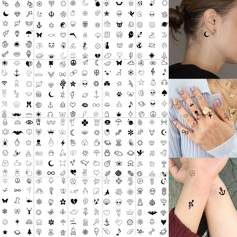 JOEHAPY 28 Sheets 504 PCS Tiny Small Temporary Tattoos For Women Men Finger Hands, Cartoon Bohemia Fake Tattoo Stickers For Kids Boys Girls, Bulk Cute Black Long Lasting Vintage Tatoos Neck Cholo - Image 1