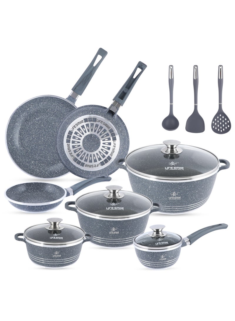 Life Smile 14 Pcs Nonstick Cookware Set with 10X Tougher Coating Granite Cookwares, Oven Safe Cooking Set , Aluminium,Ceramic & Gas Compatible PFOS, PFOA Free Cooking Pot Set – Includes Casserole 2.3,4.1& 6.9L with lid,Sauce Pan 1.3L with lid, 2.5,1.6 &1L Nonstick Frying pan & 3pcs Kitchen utensils  - Image 1