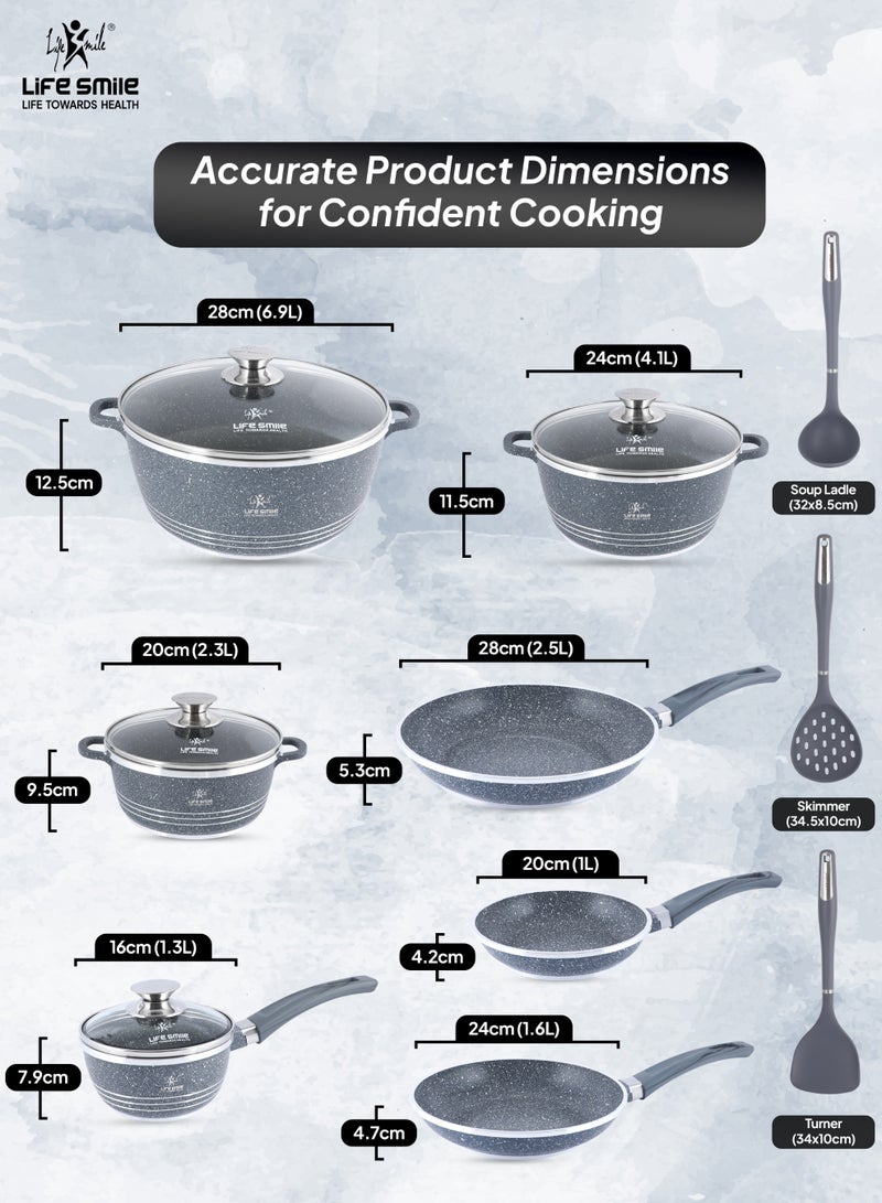 Life Smile 14 Pcs Nonstick Cookware Set with 10X Tougher Coating Granite Cookwares, Oven Safe Cooking Set , Aluminium,Ceramic & Gas Compatible PFOS, PFOA Free Cooking Pot Set – Includes Casserole 2.3,4.1& 6.9L with lid,Sauce Pan 1.3L with lid, 2.5,1.6 &1L Nonstick Frying pan & 3pcs Kitchen utensils  - Image 3