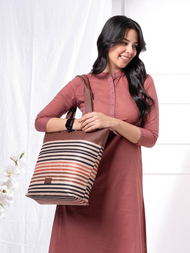 ZOUK Qutub Stripes Printed Women's Jute Handcrafted Vegan Leather Multicolor Everyday Tote - Image 2