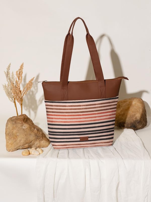 ZOUK Qutub Stripes Printed Women's Jute Handcrafted Vegan Leather Multicolor Everyday Tote - Image 3