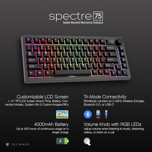 TECWARE Spectre 75% RGB Mechanical Gaming Keyboard with Customizable LCD Screen, Multi-Function Knob, Gasket Mount, South Face 5-Pin Universal Hot-Swappable Sockets Black Candy Red Switch - Image 2