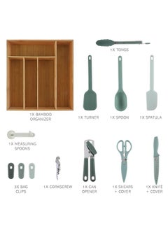 COOK WITH COLOR COOK WITH COLOR Bamboo Kitchen Utensil Set with Drawer Organizer | Cooking Tools and Storage Caddy, Sage, 18 Piece Gadget Set  - Image 2