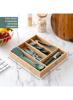 COOK WITH COLOR COOK WITH COLOR Bamboo Kitchen Utensil Set with Drawer Organizer | Cooking Tools and Storage Caddy, Sage, 18 Piece Gadget Set  - Image 5