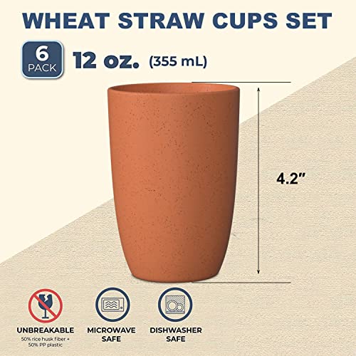 Wrova Wheat Straw Cups 6 PCS Good Alternative to Plastic Reusable Cups 12 oz Unbreakable Drinking Cup Reusable Dishwasher Safe Water Plastic Glasses Orange - Image 3