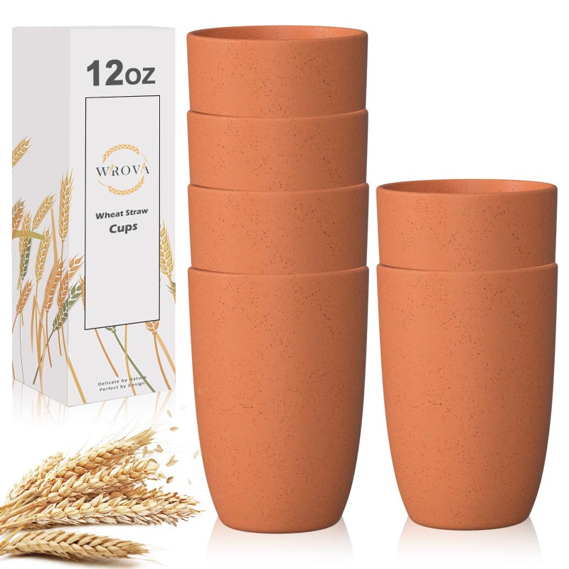 Wrova Wheat Straw Cups 6 PCS Good Alternative to Plastic Reusable Cups 12 oz Unbreakable Drinking Cup Reusable Dishwasher Safe Water Plastic Glasses Orange - Image 2