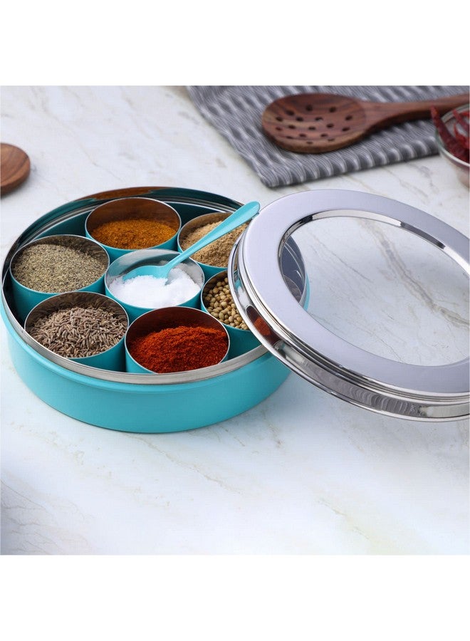 Dudki 7 In 1 Stainless Steel Spice Box For Kitchen Sturdy Masala Dabba Jar For Spices Minimal Design (Aqua), Blue - Image 1