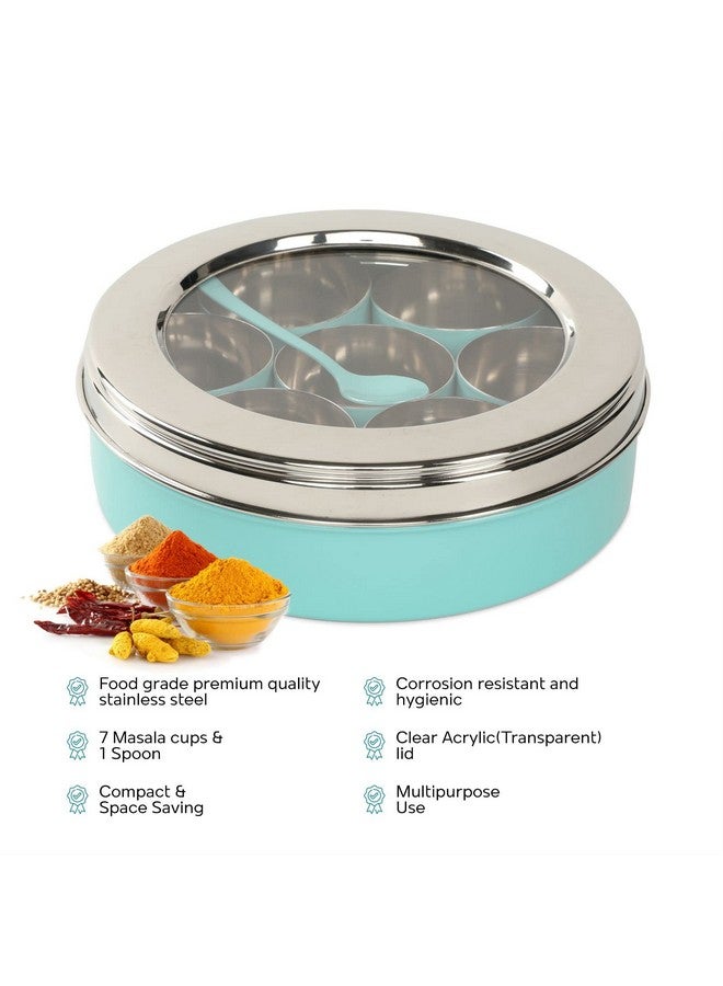 Dudki 7 In 1 Stainless Steel Spice Box For Kitchen Sturdy Masala Dabba Jar For Spices Minimal Design (Aqua), Blue - Image 5