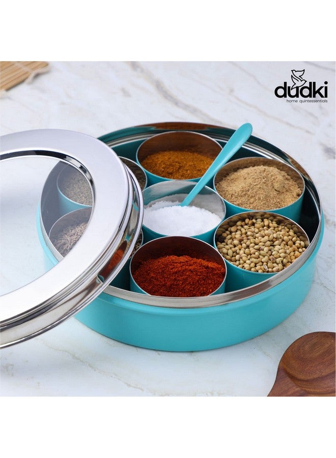 Dudki 7 In 1 Stainless Steel Spice Box For Kitchen Sturdy Masala Dabba Jar For Spices Minimal Design (Aqua), Blue - Image 2