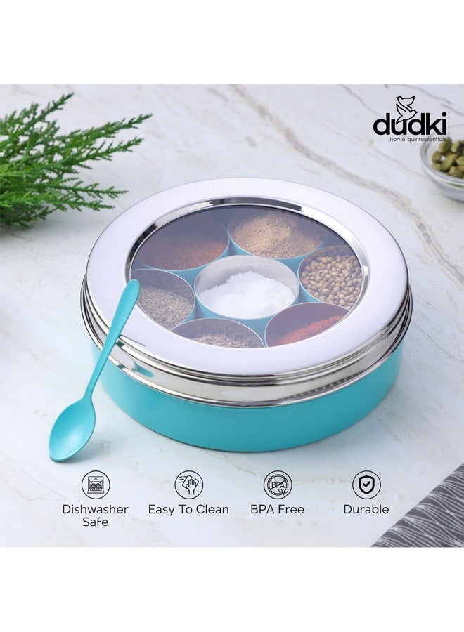 Dudki 7 In 1 Stainless Steel Spice Box For Kitchen Sturdy Masala Dabba Jar For Spices Minimal Design (Aqua), Blue - Image 3