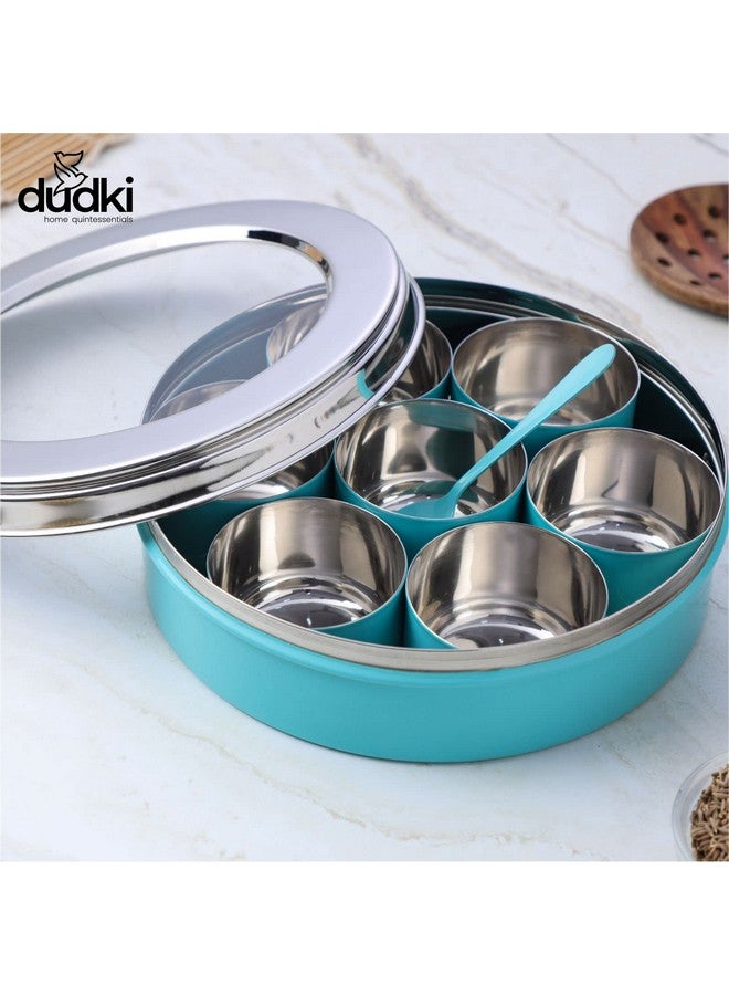 Dudki 7 In 1 Stainless Steel Spice Box For Kitchen Sturdy Masala Dabba Jar For Spices Minimal Design (Aqua), Blue - Image 4