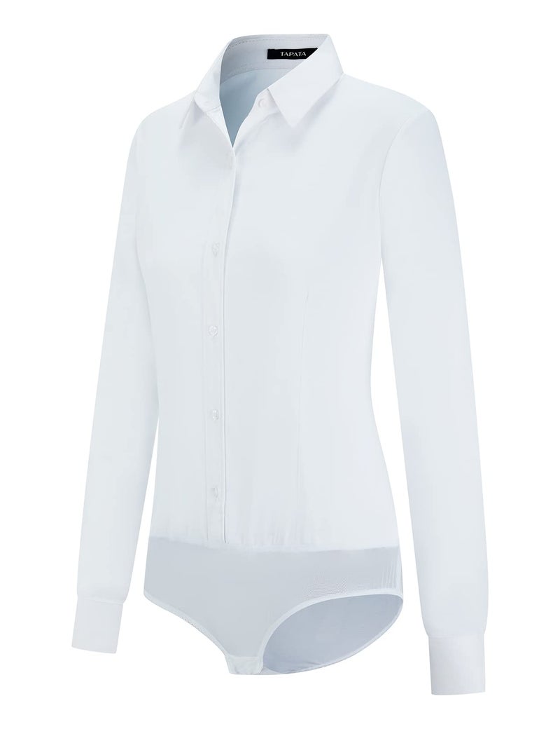 Tapata Womens Bodysuit Blouse Button Down One-Piece Long Sleeve Solid Office Work Shirt Casual Tops, White, Medium - Image 1