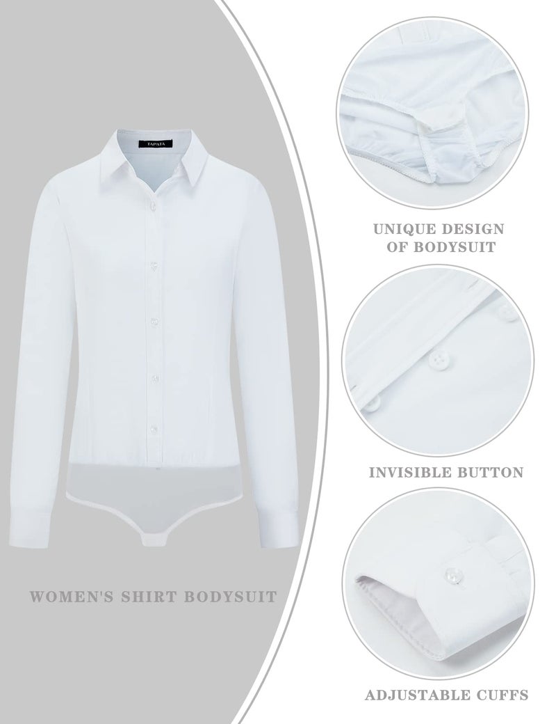 Tapata Womens Bodysuit Blouse Button Down One-Piece Long Sleeve Solid Office Work Shirt Casual Tops, White, Medium - Image 3