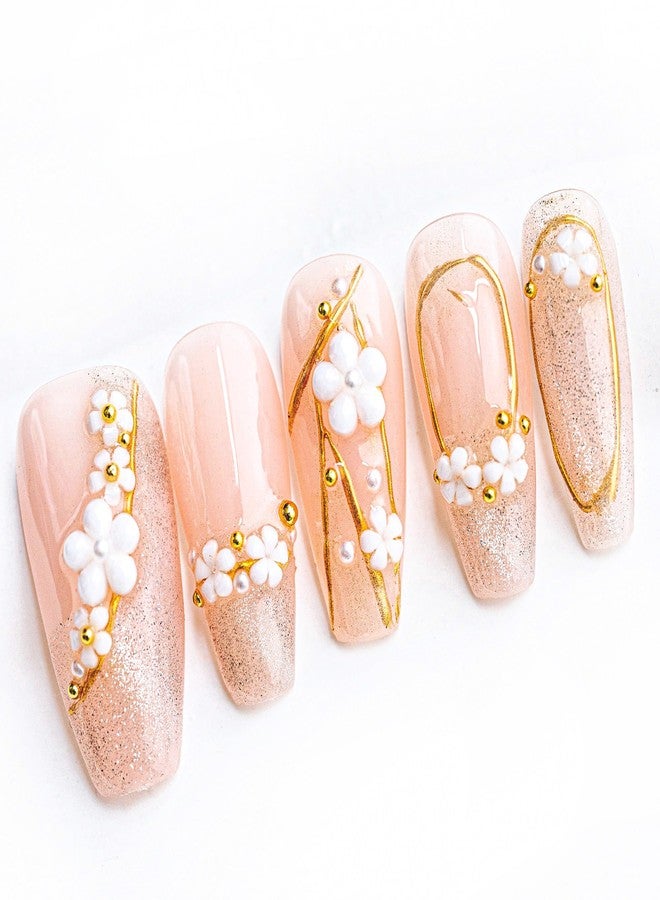 Sun&Beam Nails Handmade Press On Nail Medium Long Coffin Ballerina Pink Flower Plum Blossom Fake Tip 3D Design Art Charms Cute with Storage Box 10 Pcs (#010 XS) - Image 1