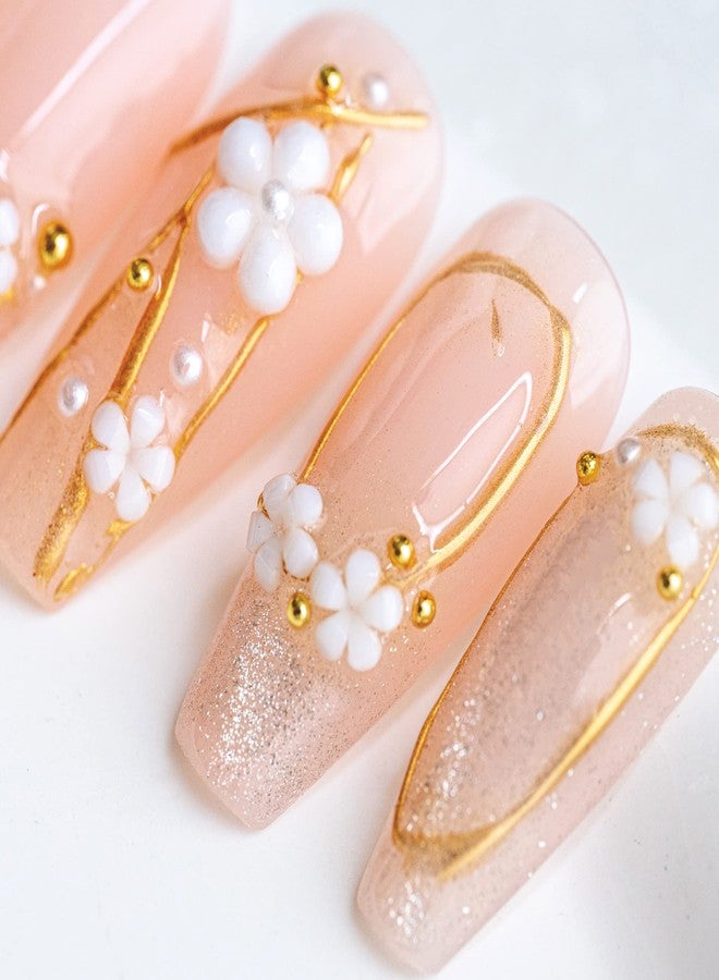 Sun&Beam Nails Handmade Press On Nail Medium Long Coffin Ballerina Pink Flower Plum Blossom Fake Tip 3D Design Art Charms Cute with Storage Box 10 Pcs (#010 XS) - Image 3