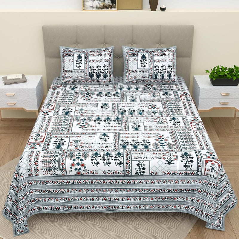 Bella Casa Double King Size Bedsheet Set Cotton with 2 Pillow Covers Floral Design Blue Colour Ethnic Collection - Image 1