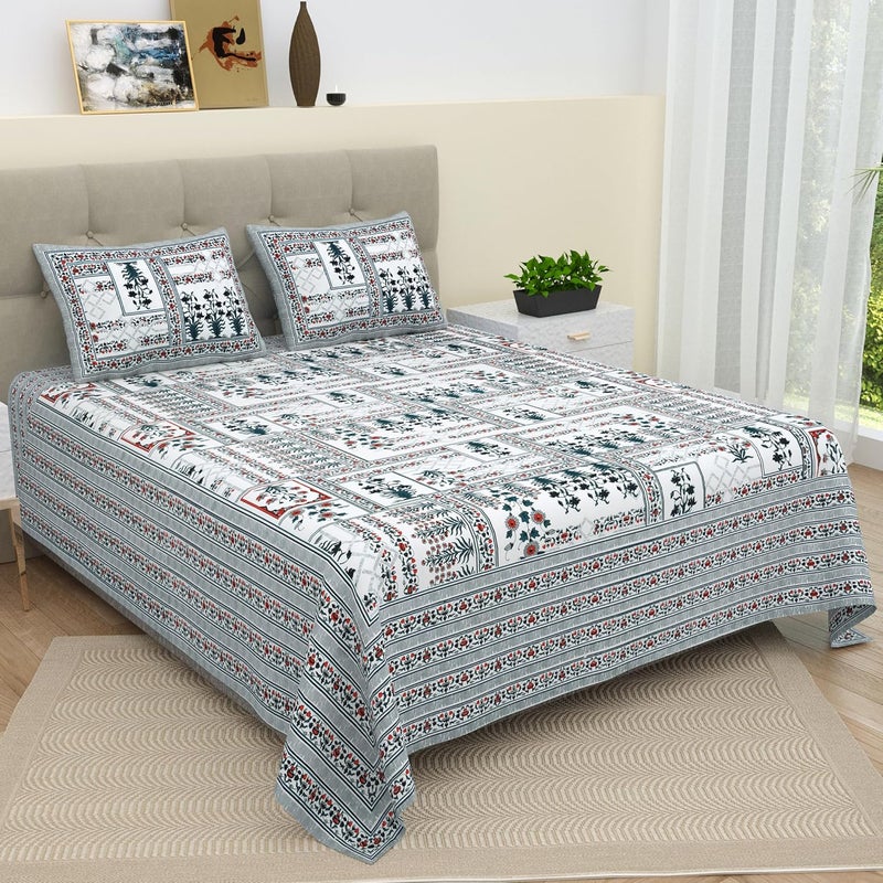 Bella Casa Double King Size Bedsheet Set Cotton with 2 Pillow Covers Floral Design Blue Colour Ethnic Collection - Image 2
