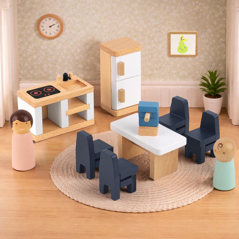 PairPear Wooden Toys Dollhouse Furniture Playset,Natural Wood Pretend Play Furnitures with Family Dolls,Dollhouse Accessories Toys Gift for Girls and Boys 3 Year and Up - Image 2