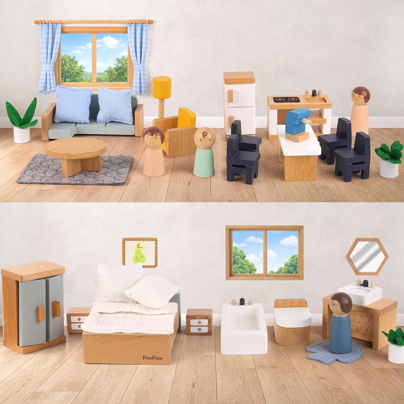 PairPear Wooden Toys Dollhouse Furniture Playset,Natural Wood Pretend Play Furnitures with Family Dolls,Dollhouse Accessories Toys Gift for Girls and Boys 3 Year and Up - Image 4