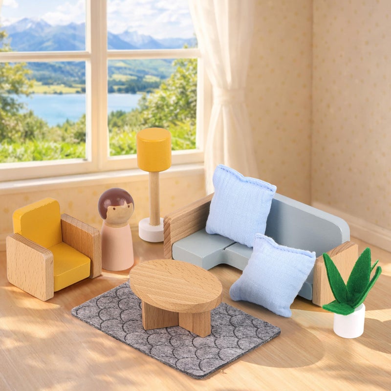 PairPear Wooden Toys Dollhouse Furniture Playset,Natural Wood Pretend Play Furnitures with Family Dolls,Dollhouse Accessories Toys Gift for Girls and Boys 3 Year and Up - Image 3