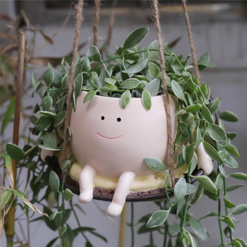 UMESONG Hanging Swing Chair Planter Pot Resin Smiley Face Planter for Indoor Outdoor Plant Cute Head Flower Pots for String of Pearls Plant Live Unique Gift IdeaI for Mother Day, Christmas (Small) - Image 1